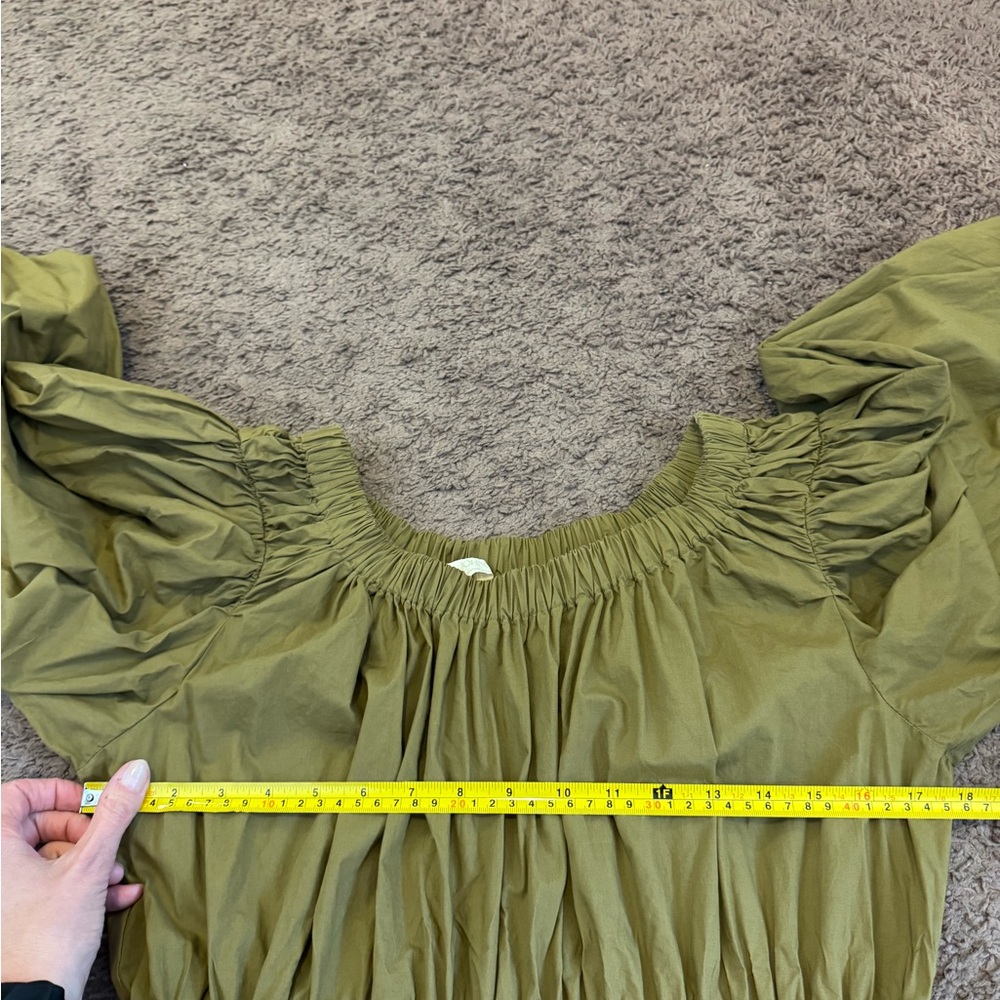 Ulla Johnson Martine Olive Green Fit Flare Puff Sleeve Off Shoulder 8 $325 - Picture 4 of 10